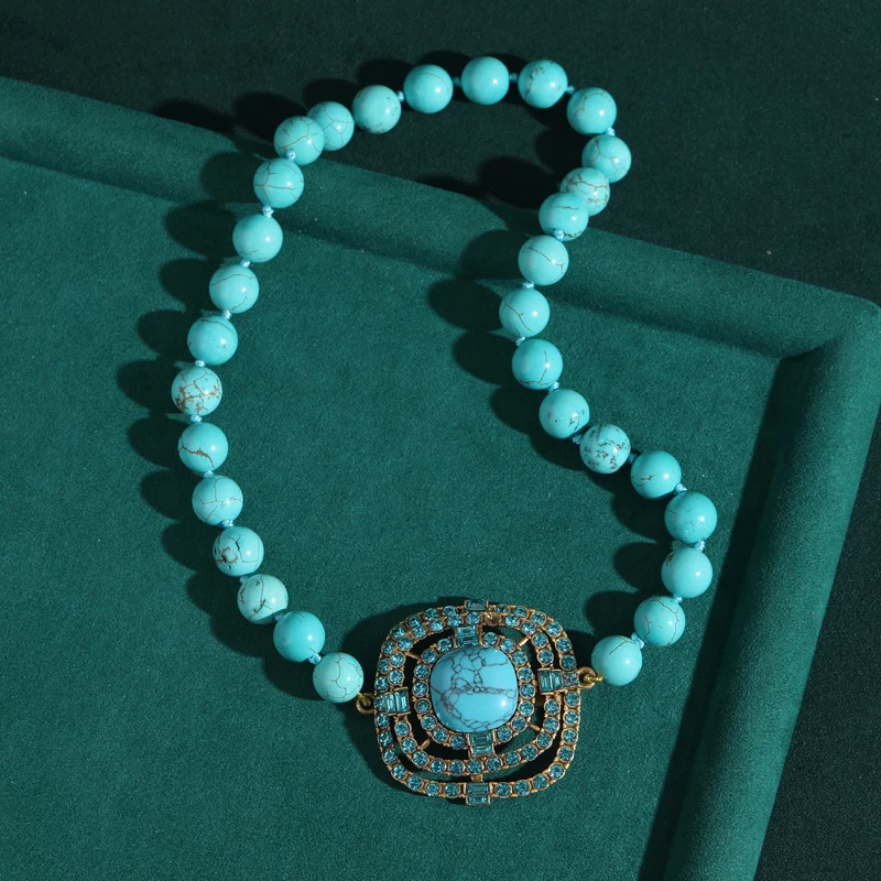 Vintage Beads Necklaces Rhinestones Square Hibiscus Pink Pendant Stone Beaded Block Crystal for Women Antique Jewelry New 2025