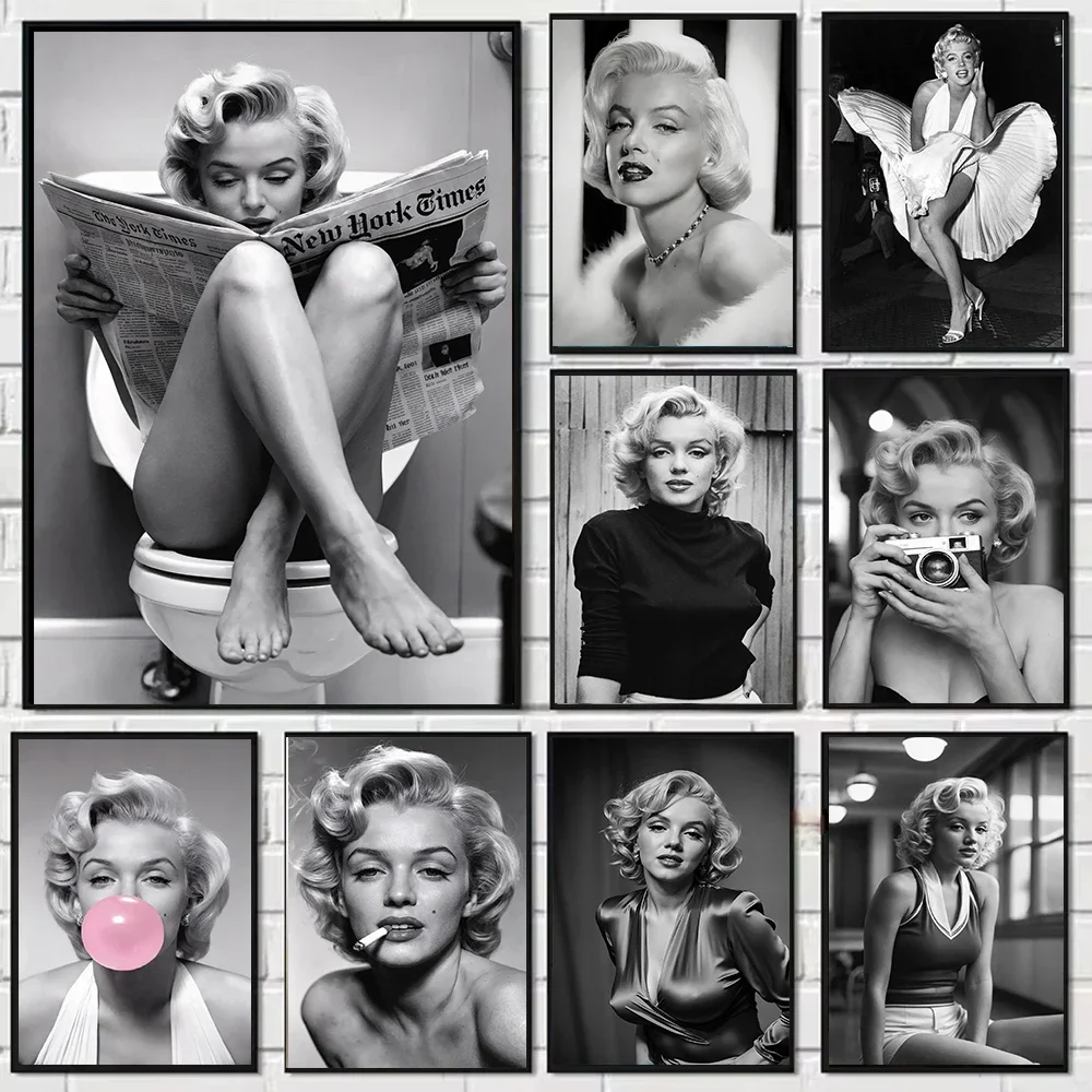 Black and White Movie Star Marilyn Monroe Poster Modern Art Canvas Painting Cafe Bar Room Wall Decor Room Decor Aesthetic Poster