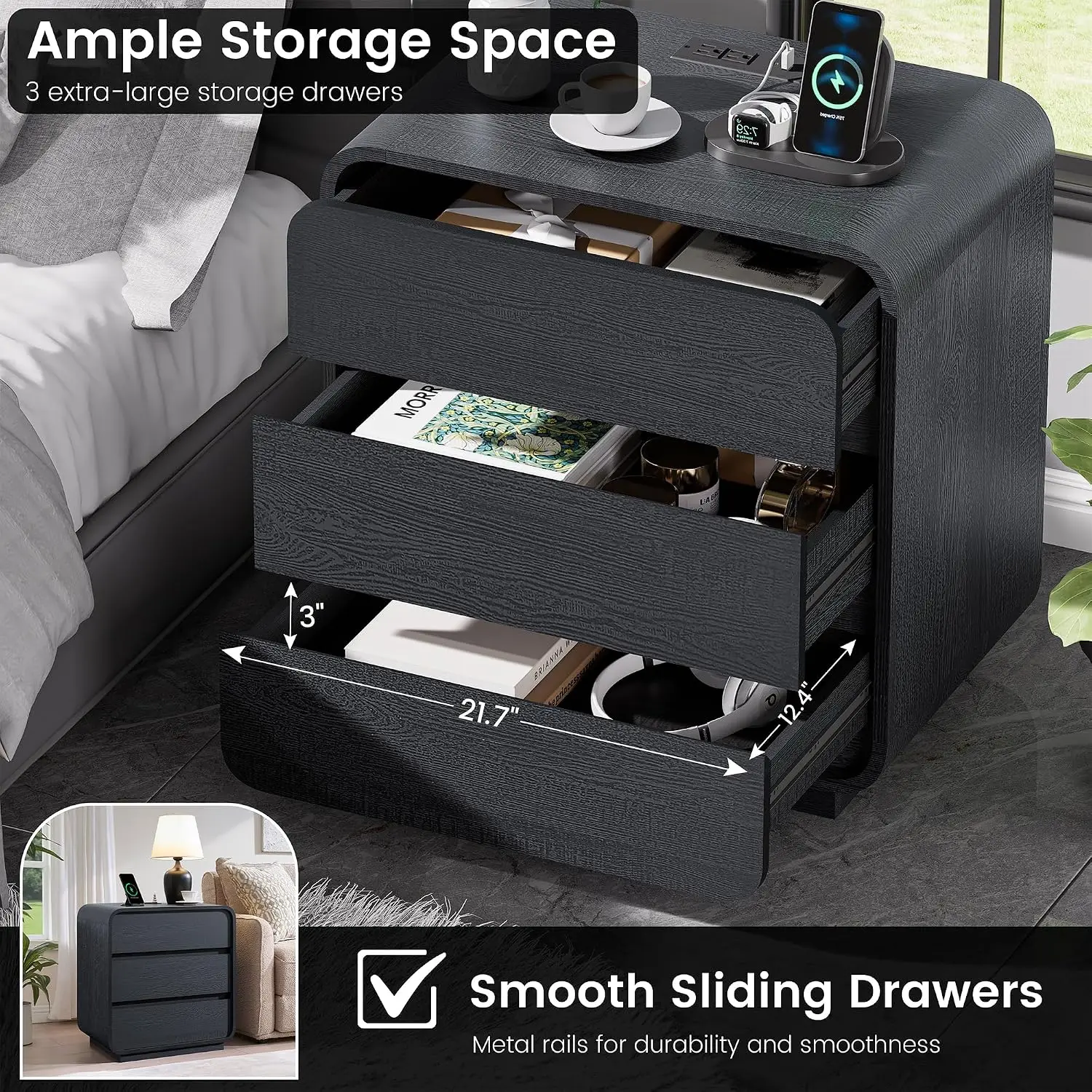 Black Curved Night Stand Set of 2 with Charging Station, 25