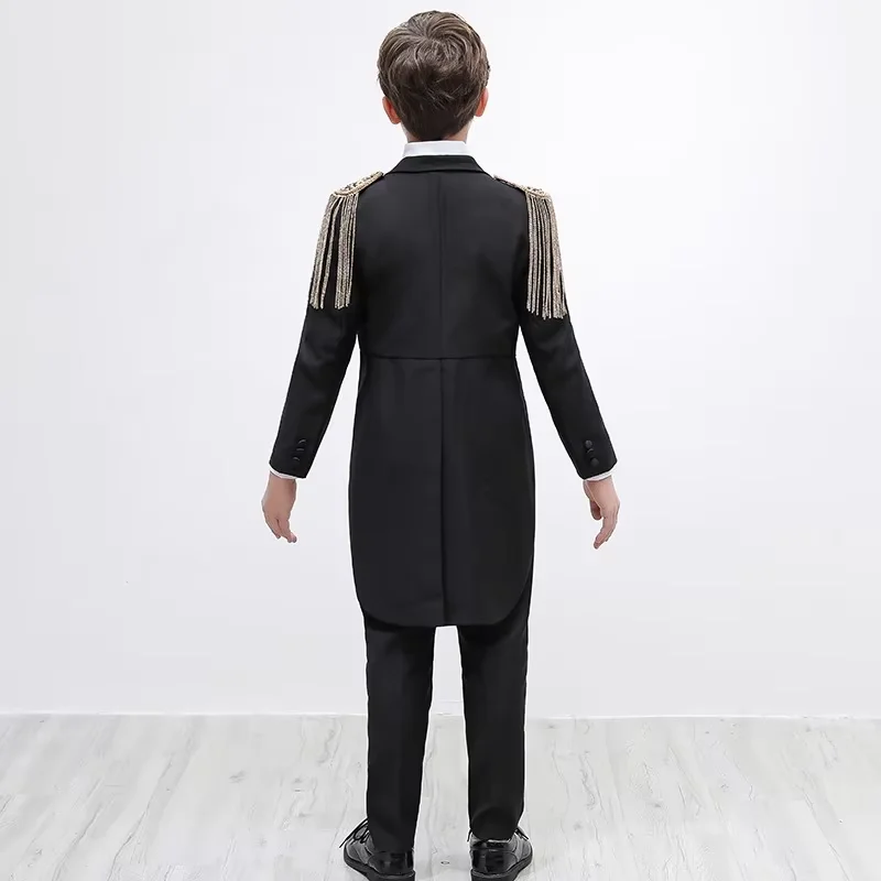 Boys Suits Black Long Tuxedo  Blazer Pant Vest Bowtie Epaulet Five Piece 3-16 Years Old Kids Party Dress Piano Performance