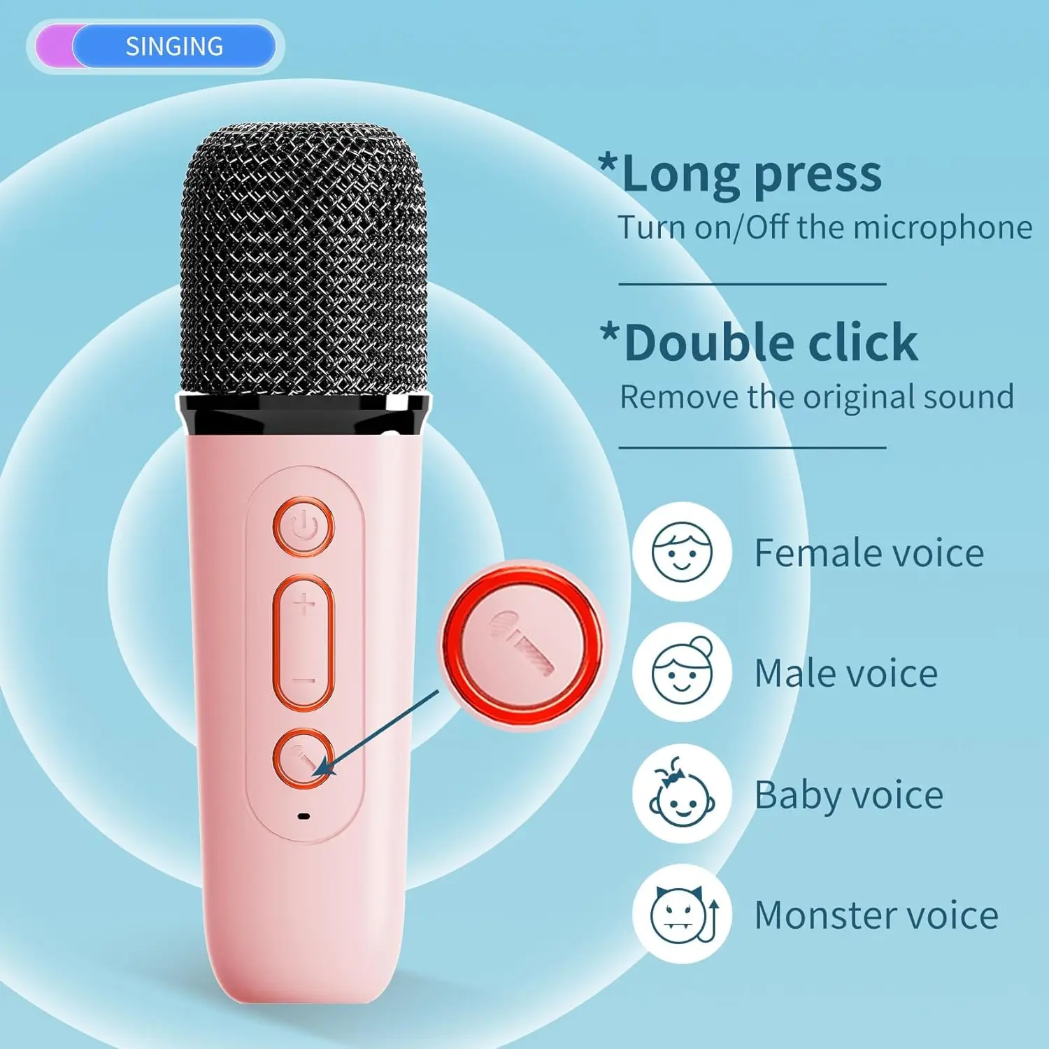

Bluetooth Speaker with 2 Wireless Microphone Portable Led Lights Karaoke Machine for Adults and Kids Pink