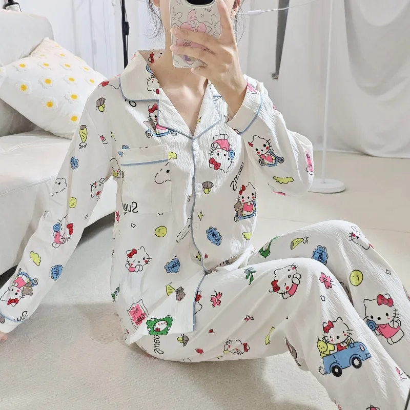 Hello Kitty Pajamas Spring Long Sleeve Set Sanrio Sweet Pajamas Two-piece Set White Hello Kitty Pajamas Loose Loungewear