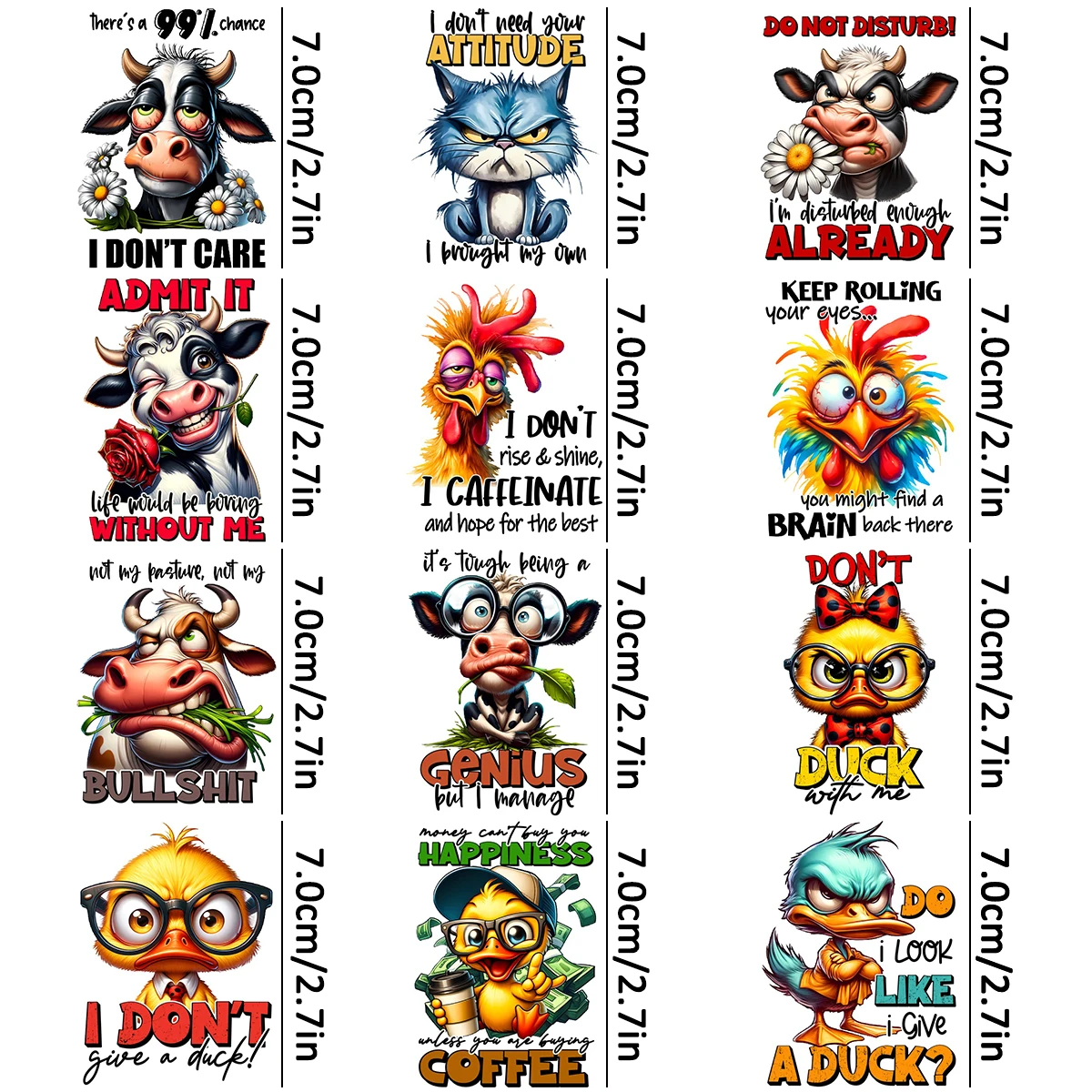 12pcs Funny Positive Motivational Sarcastic Animals UV DTF Cup Wrap Transfer Sticker Glass Coffee Mugs Greeting Cards Decal Gift