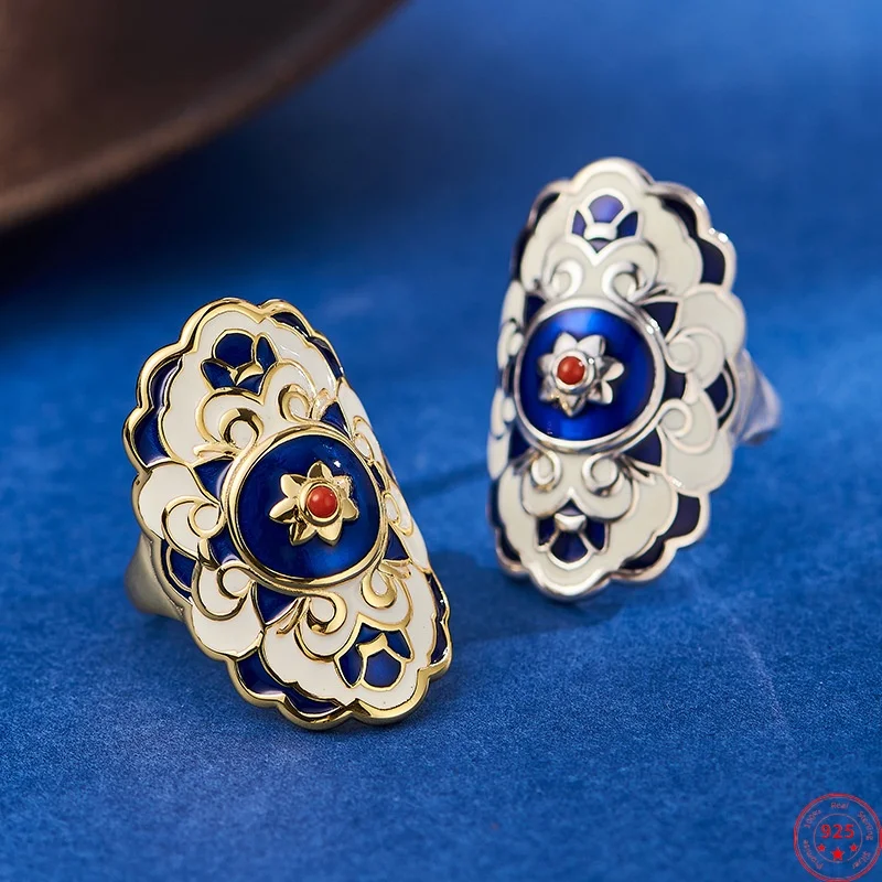 S925 Sterling Silver Rings for Women Men Gilded Enamel Flowers Pattern Inlaid Nanhong Agate Wide Ring Fashion Jewelry Wholesale