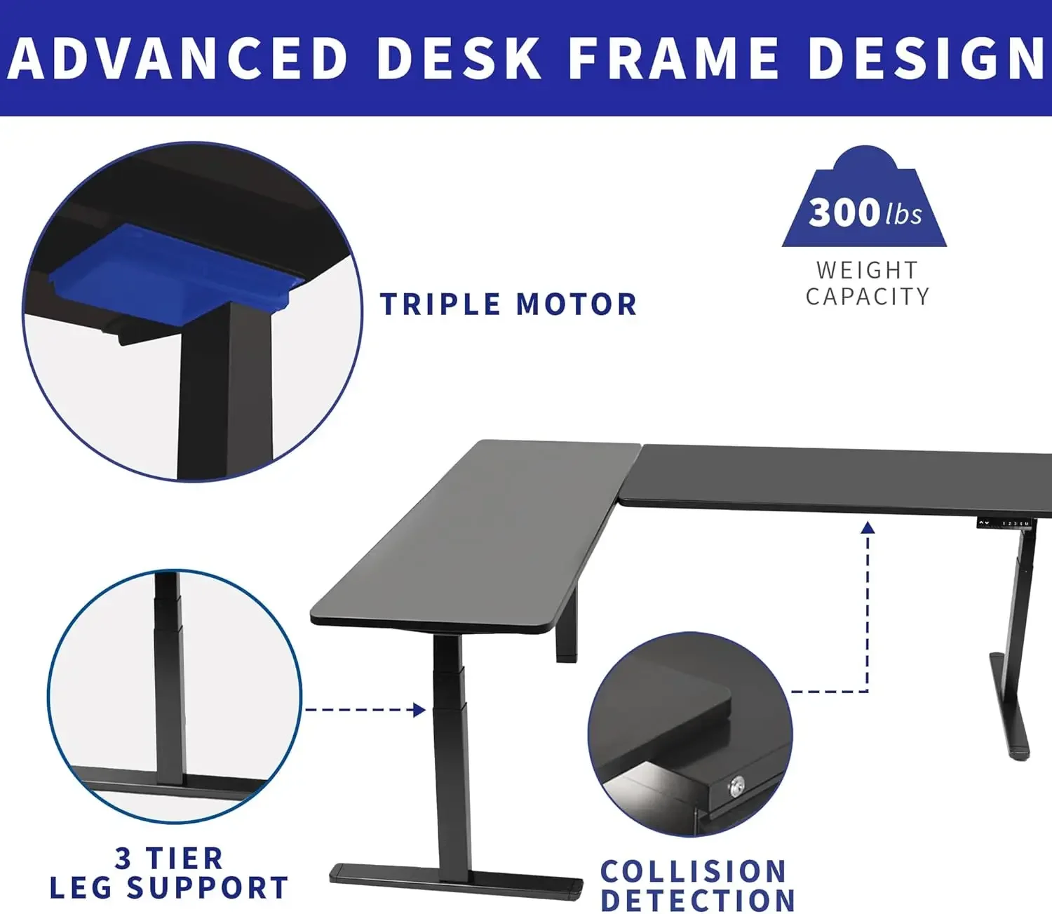 83 x 60 inch Corner Stand Up Desk, 2 Black Solid Table Tops, White Frame, Memory Controller, L-Shaped Workstation, 3E Series