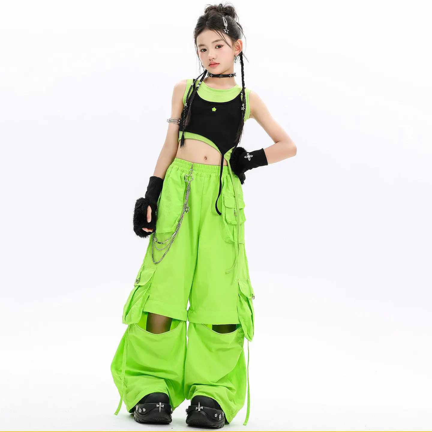 Kid Kpop Hip Hop Clothing Black Green Layered Crop Tank Top Casual Knee Zip Cargo Pants for Girls Street Dance Costumes Clothes 2