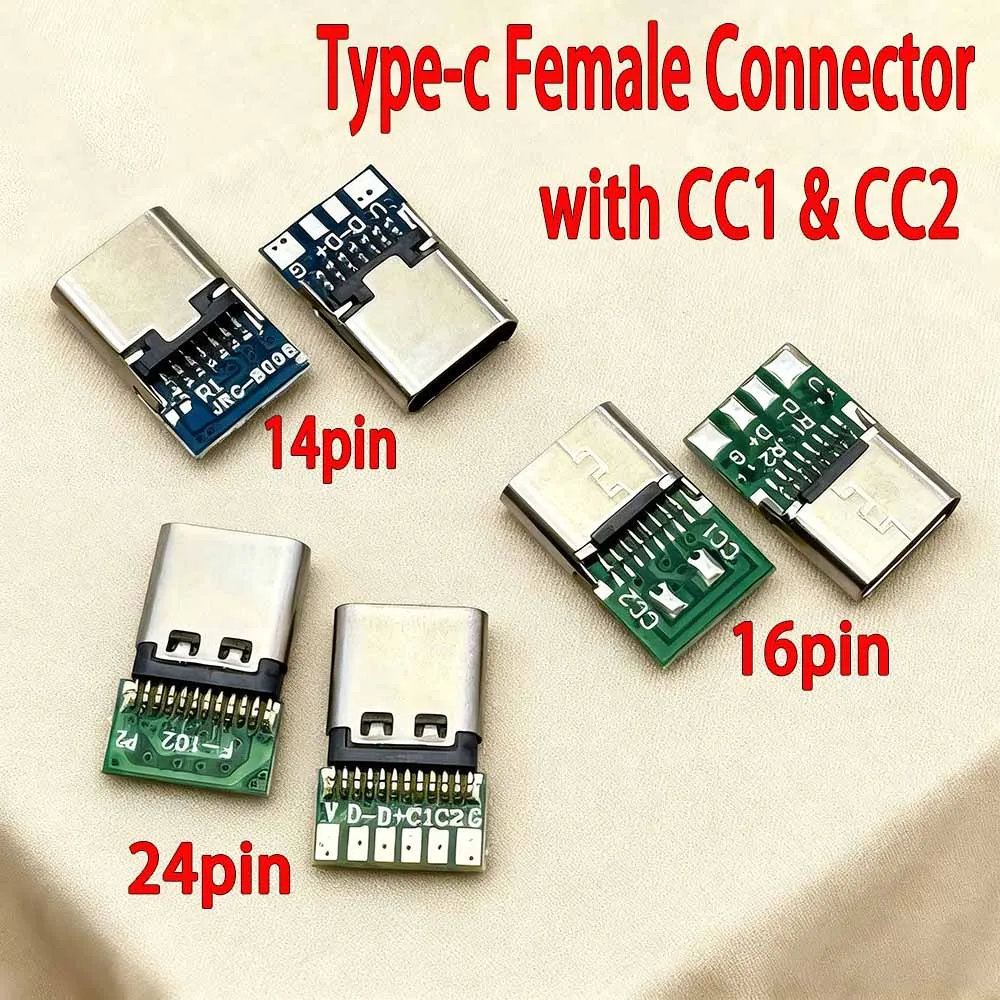 TYPE-C 14P 16P 24Pin Female Socket with Data Cable Module,USB Fast Charging Splint & PCB Connector with CC1/CC2 Dual Resistors