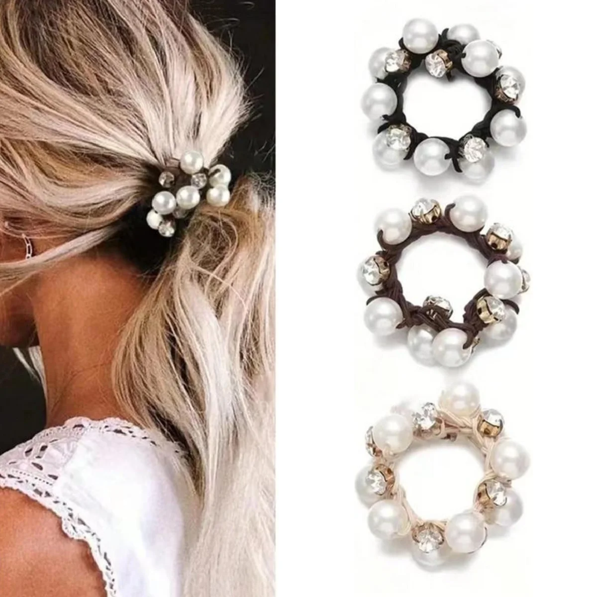 

3pcs Faux Pearl Decor Hair Tie, Elegant High Stretch Hair Tie for Women & Girls, Minimalist Headwear Suitable for Thick Hair