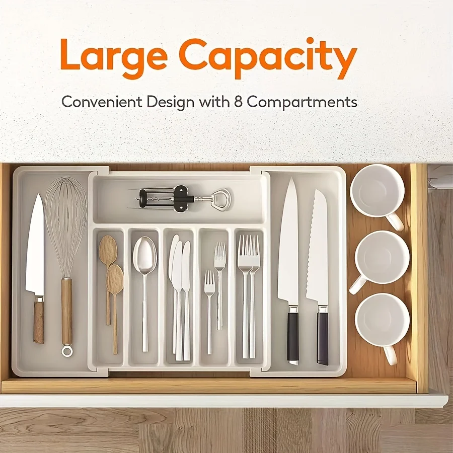 

Expandable Cutlery Tray, With 8 Compartments, Adjustable Plastic Kitchen Utensil Organizer, Fork Spoon Drawer Divider, Flatwar