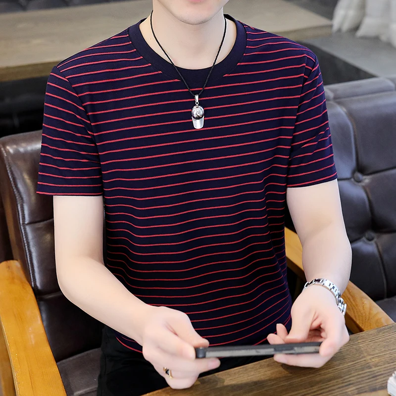 

New 2025 Summer Men's Cotton Striped T-Shirts Casual Pull On Short-Sleeve Tees Outwear Loose Tshirt Plus Size L-5XL Top Clothing