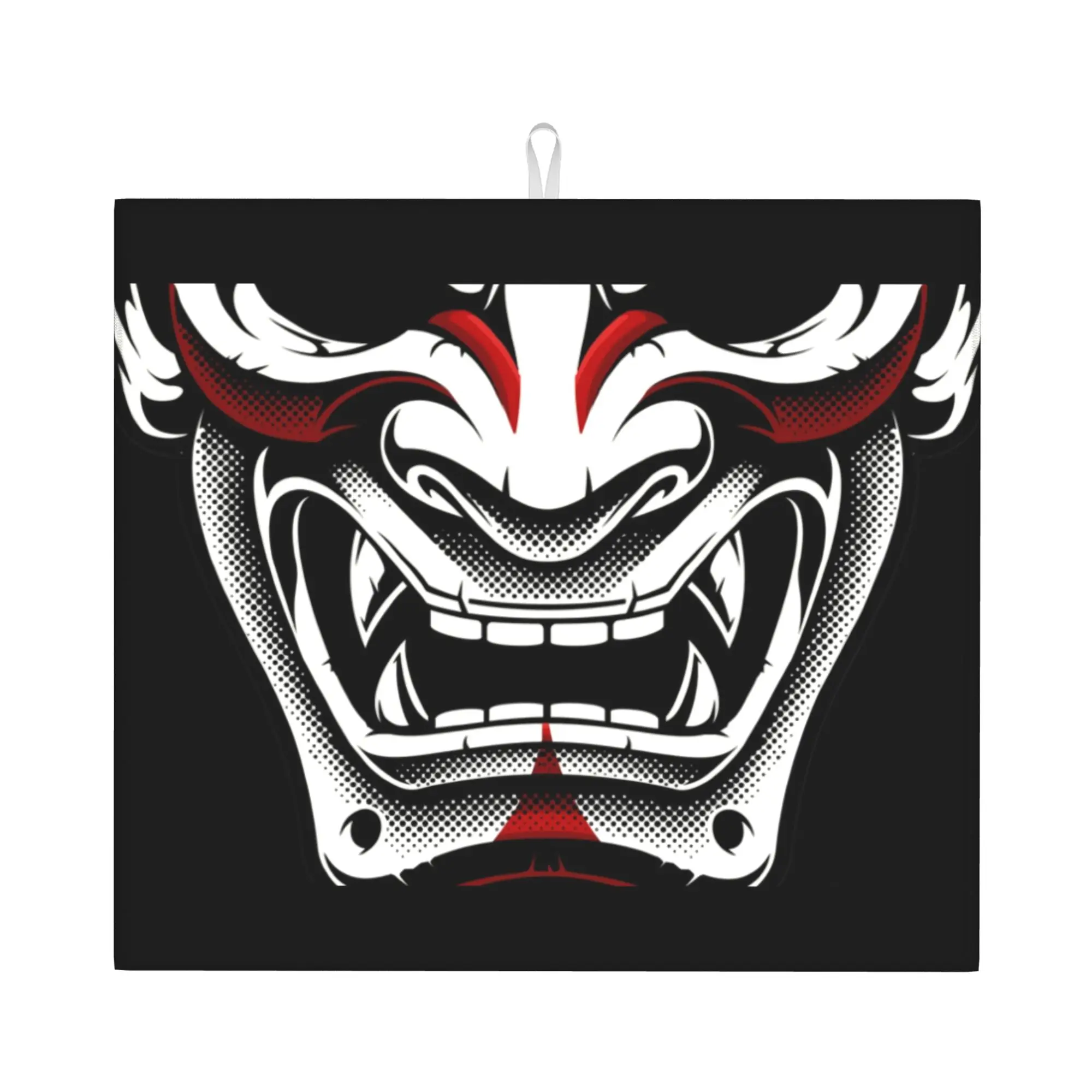 Drying Mat For Kitchen White  Red Okami Kitsune Kabuki Japanese Oni Demon Samurai Tattoo Washable Kitchen Sink Drying Pad