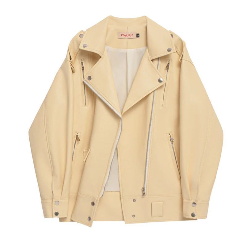 Neue koreanische Damen-Lederjacke im Motorrad-Stil, Hong Kong-Stil, PU, übergroßes Reißverschluss-Design, mittellanger, lockerer Ledermantel
