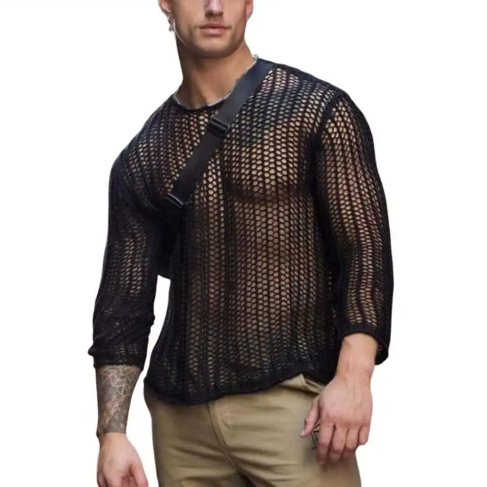 Men Mesh Top See Through Long Sleeves Round Neck Hollow-out Sexy Dress Up Polyester Men Bottoming Shirt Knitted Mesh Top Clothin