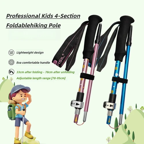 Imagen 1 del producto Bastones de senderismo telescópicos para niños, bastones de trekking plegables de aleación de aluminio de 4 secciones, personal de caminar plegable ligero