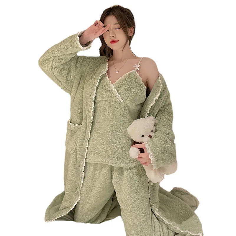 3pcs Winter Solid Pajamas Set Women Loungewear Warm Sleepwear Home Suits Homewear Ladies Flannel Plush Lounge Sleep Wear