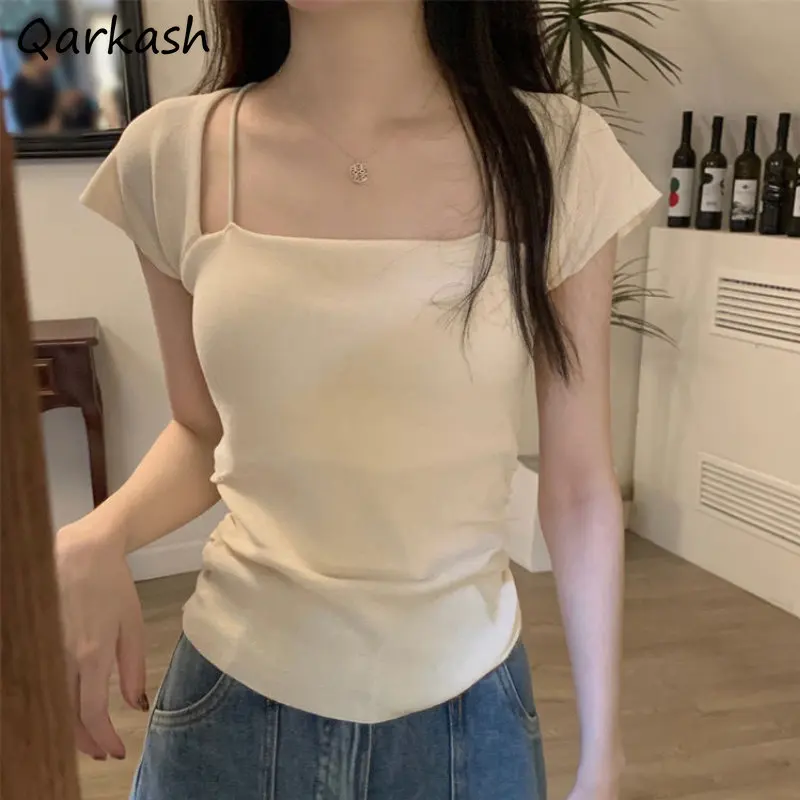 Square Collar T-shirts Women Clothing Sexy Tops Vintage Simple Summer Streetwear Aesthetic Office Lady Minority Knitted Daily