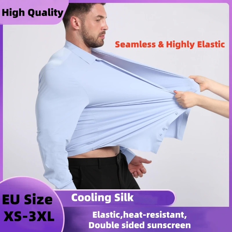 

Бесшовные мужские рубашки с высокой эластичностью, двусторонние солнцезащитные футболки, охлаждающие, гладкие, немнущиеся, для свадебных нарядов, европейский размер