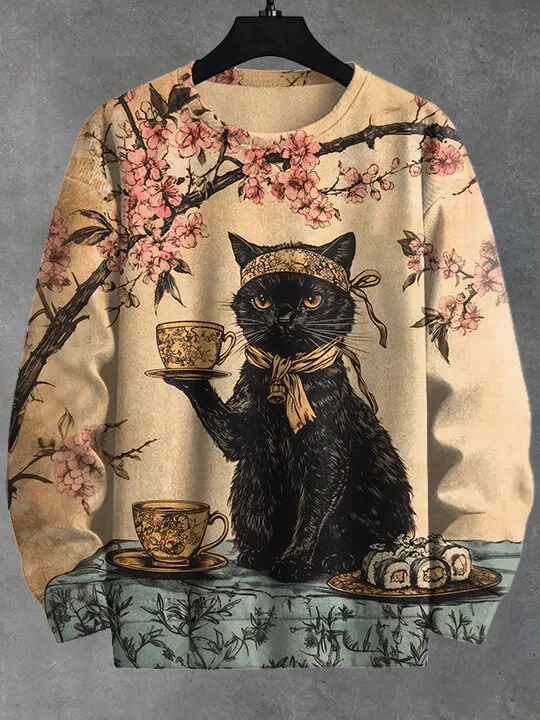 3D Printed Samurai Cat Hoodie Men's Sweatshirt Casual Long Sleeve
