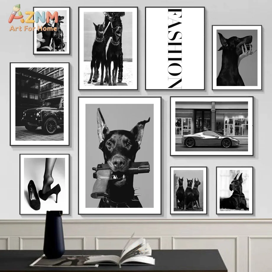 AZNM Black White Doberman Pinscher Dog Fashion Wall Art, Luxury Supercar High Heel Aesthetic Minimalist Poster Unframed Canvas P