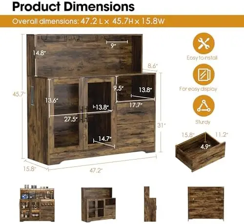 Wine Bar Cabinet with RGB Light, Liquor Cabinet with Wine Rack and Glass Holder, Coffee Bar Cabinets with USB Power