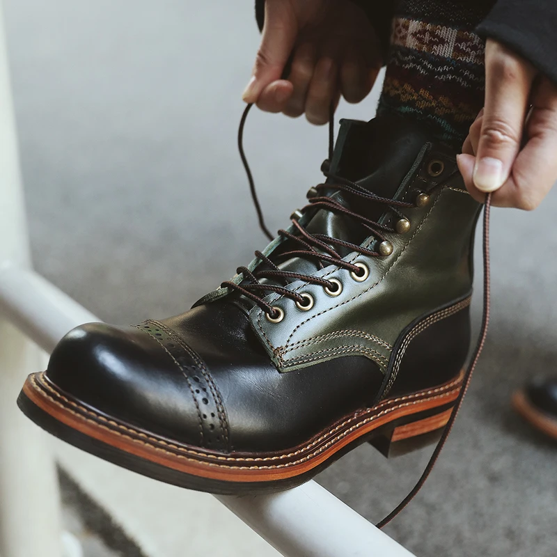 Retro Short Face Work Boots Carved Shoe Head  Boots Top Layer Cowhide Paratrooper Boots Japanese Style Motorcycle Boots