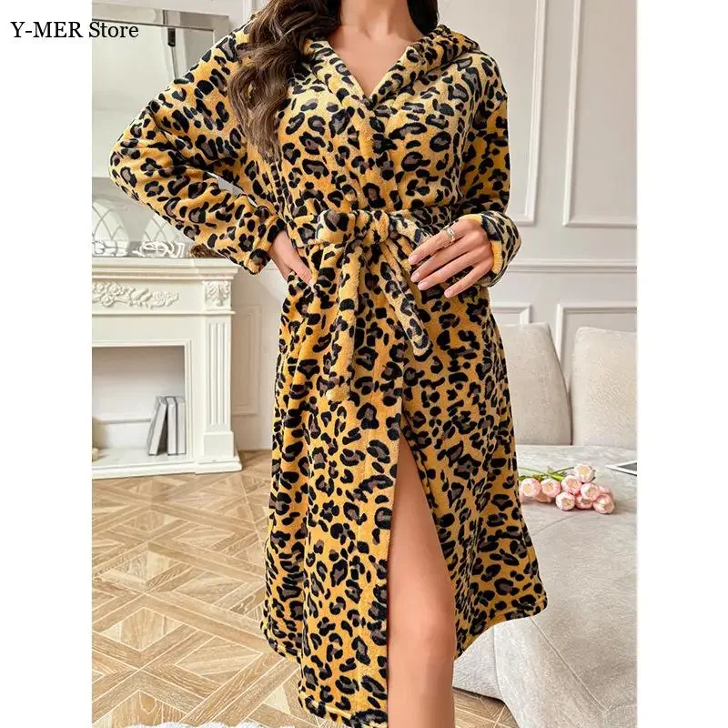 

Sexy Leopard Kimono Hooded Kimono Flannel Shower Bathrobe Women Sexy Sleepwear Autumn and Winter Loungewear Pajamas Nightwear