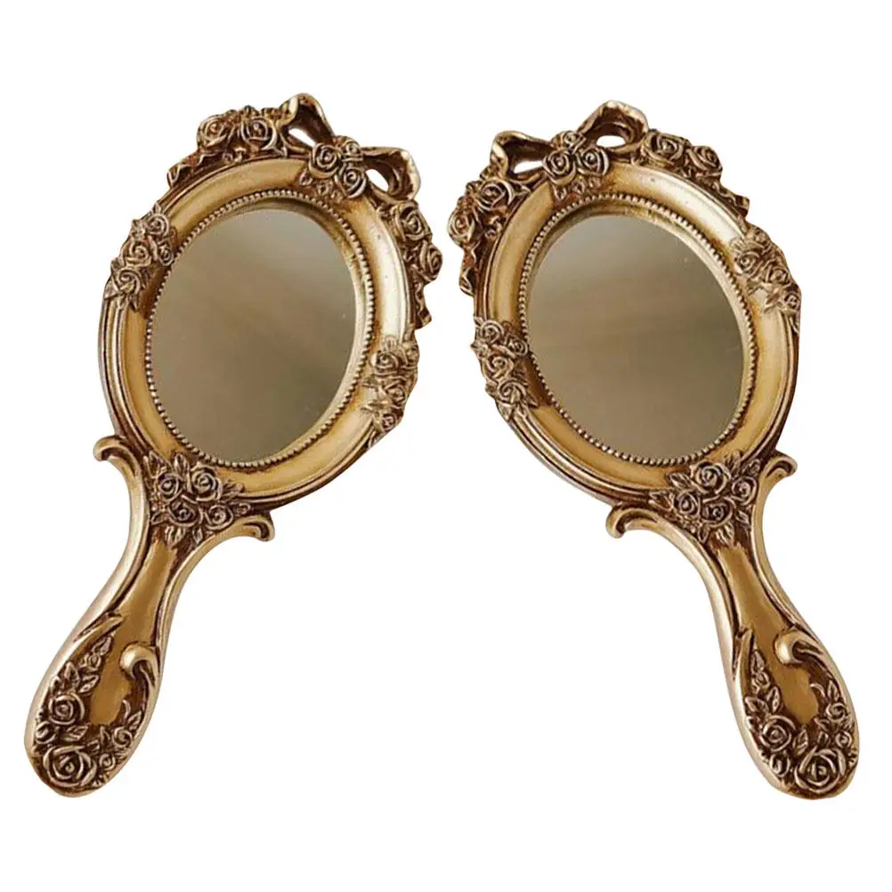 

2Pcs Vintage Handheld Mirror with Handle Elegant Embossed Design Portable Makeup Mirror for Travel Home Office Vanity Styling
