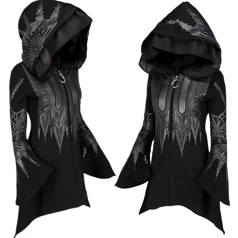Sudadera con Capucha Negra Oscura Estilo Punk para Mujer, Otoño-Invierno, Estampada, de Poliéster, Estilo Gótico, para Disfraces de TV y Cine