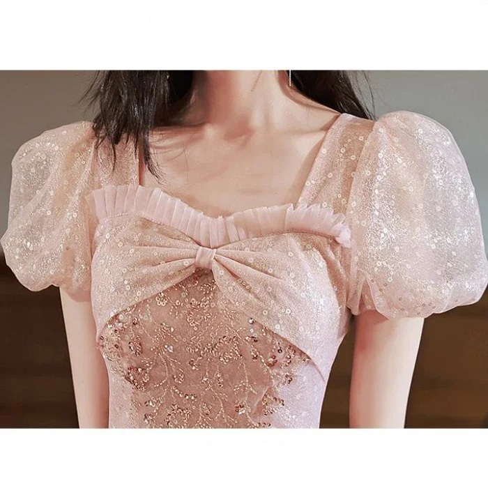 Customized Sweet Temperament Square Collar Puff Short Sleeve Princess Dress Simple Sequin A-line Ball Gown Front Bow Lurex Mesh