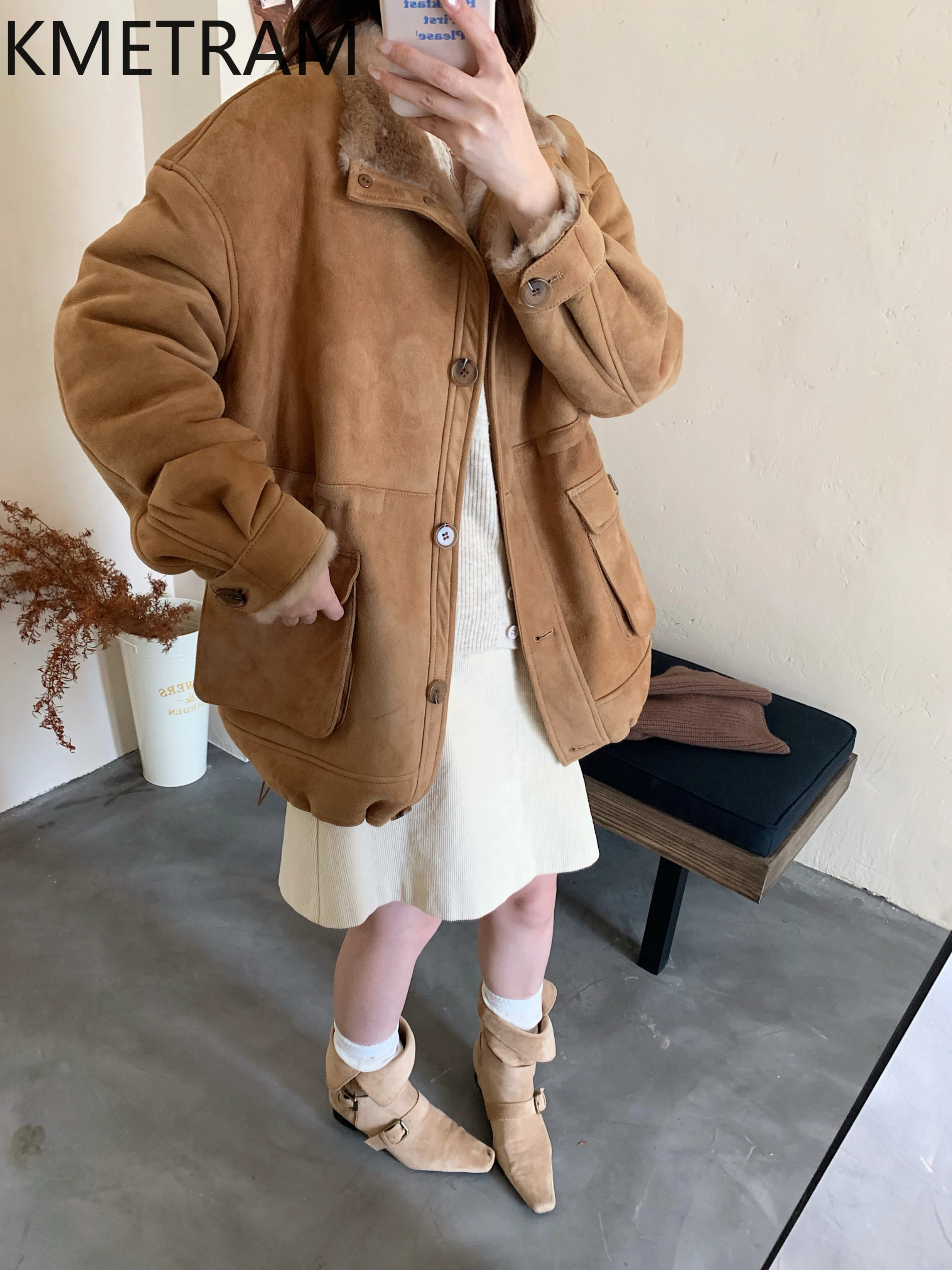 KMETRAM Natuurlijke Schapenvacht met Wol Aangesloten Bontjas Losse High-End Diepe Kameel Kleding 2025, Winter Vrouwen Jas vestes femmes