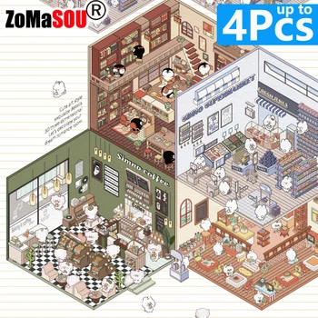 1-4Pcs การ์ตูนฉากขนาดเล็ก 3D ภูมิทัศน์สติกเกอร์ DIY Cabin ฉากซ้อนและวางบัญชีมือของขวัญน่ารักสําหรับเด็ก