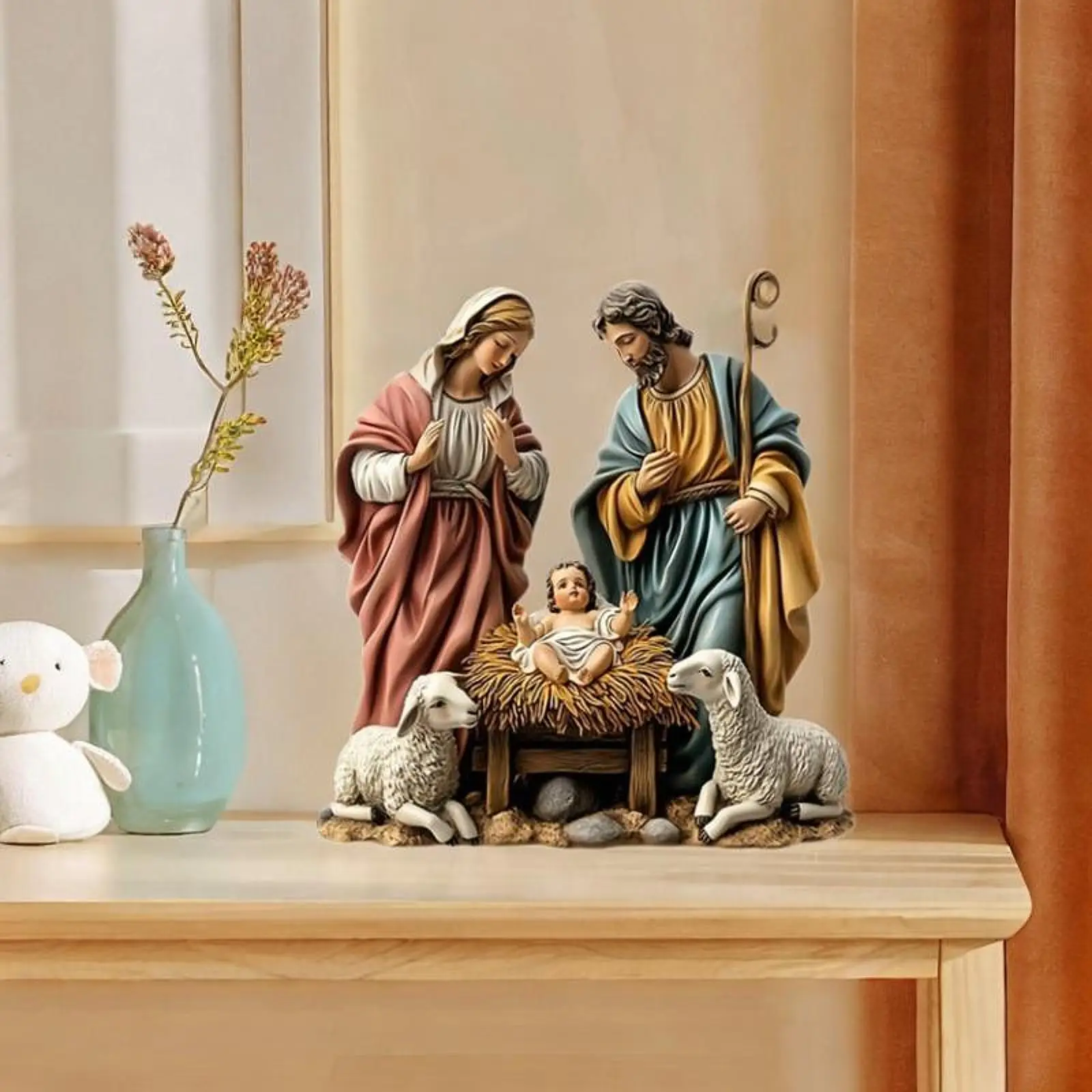 Nativity Scene Figurine Xmas Tabletop Scenes Figure Festive Desktop Decor with Base Nativity Figurines Set for Indoor Decor