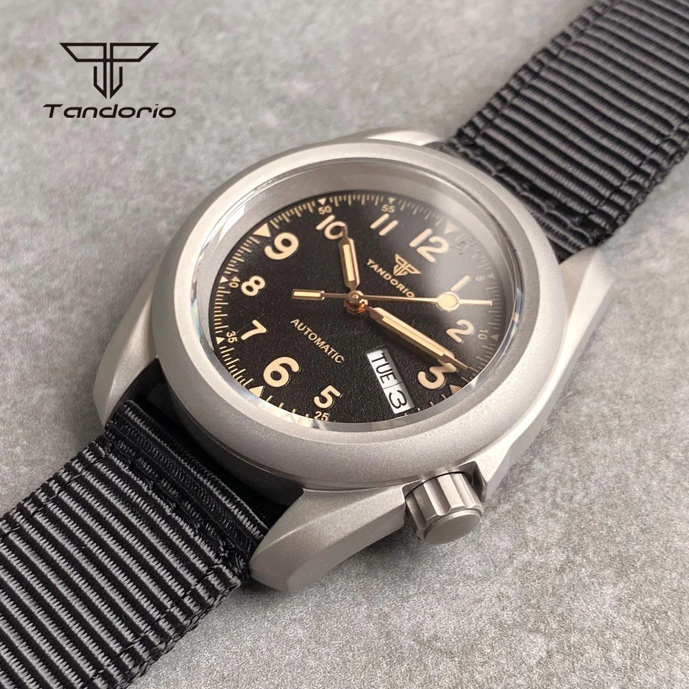 Tandorio 3.8 Date Week Sapphire Crystal NH36 Dive Men\'s Watch Brushed Luminous 20BAR Mechanical Automatic Wristwatch Nylon Strap