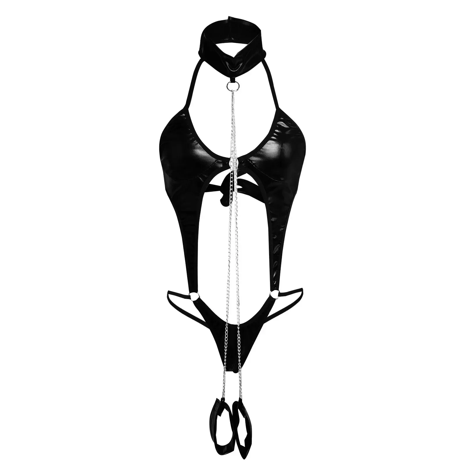 Preto sexy lingerie feminina roupa interior com corrente algemas conjunto oco para fora sem costas halter bodysuits de uma peça de couro do plutônio bodysuit
