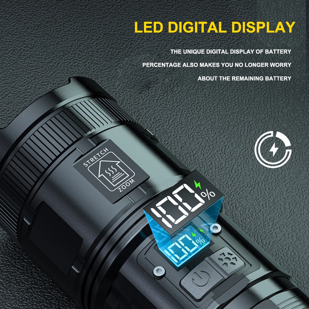 120000 Lumens Super Bright LED Flashlight Rechargeable Type C 9000 mAh XPH90 COB Torch Light with Digital Display for Outdoor