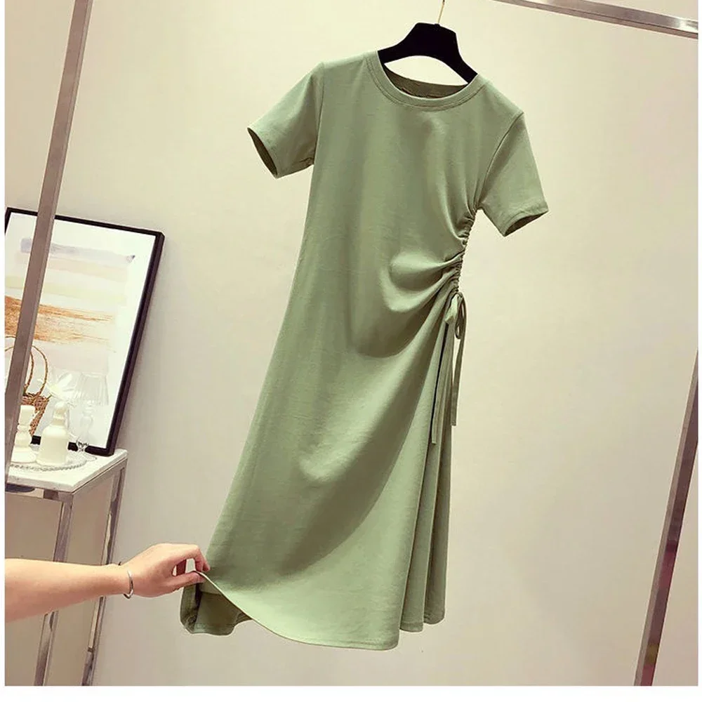 夏の新しい女性スリムソリッド Tシャツドレスレディ O ネック半袖シャーリングレースアッププリーツ Vestidos