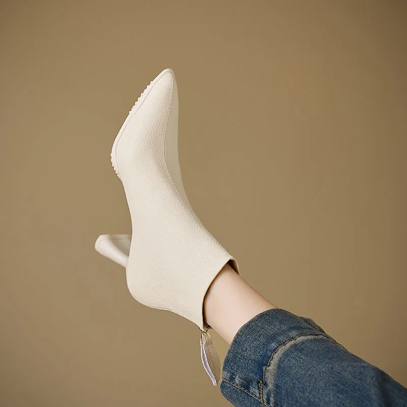 جلد طبيعي المرأة الكاحل الجوارب أشار تو الظهر زمم رقيقة عالية الكعب مكتب سيدة أحذية 2025 جديد Phoentin FT4241