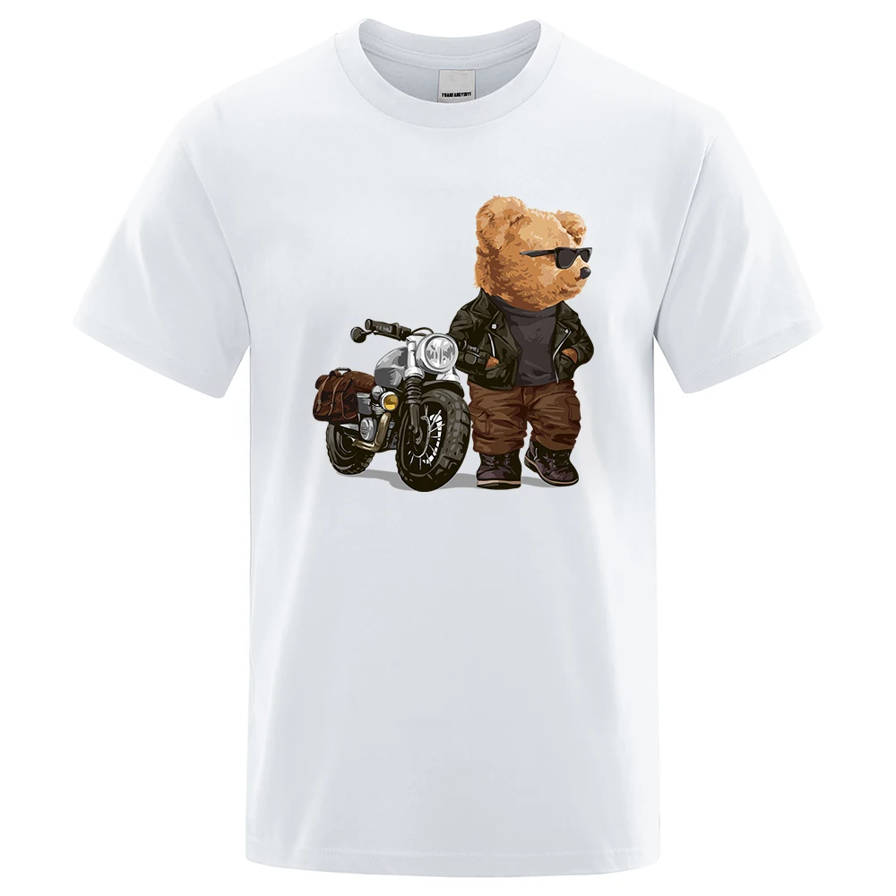 Motorcycle Ted Bear Wearing Sunglasses T Shirt Men Women Funny Tee Clothing Cotton Oversized Tops Hip Hop Loose Casual T-Shirt