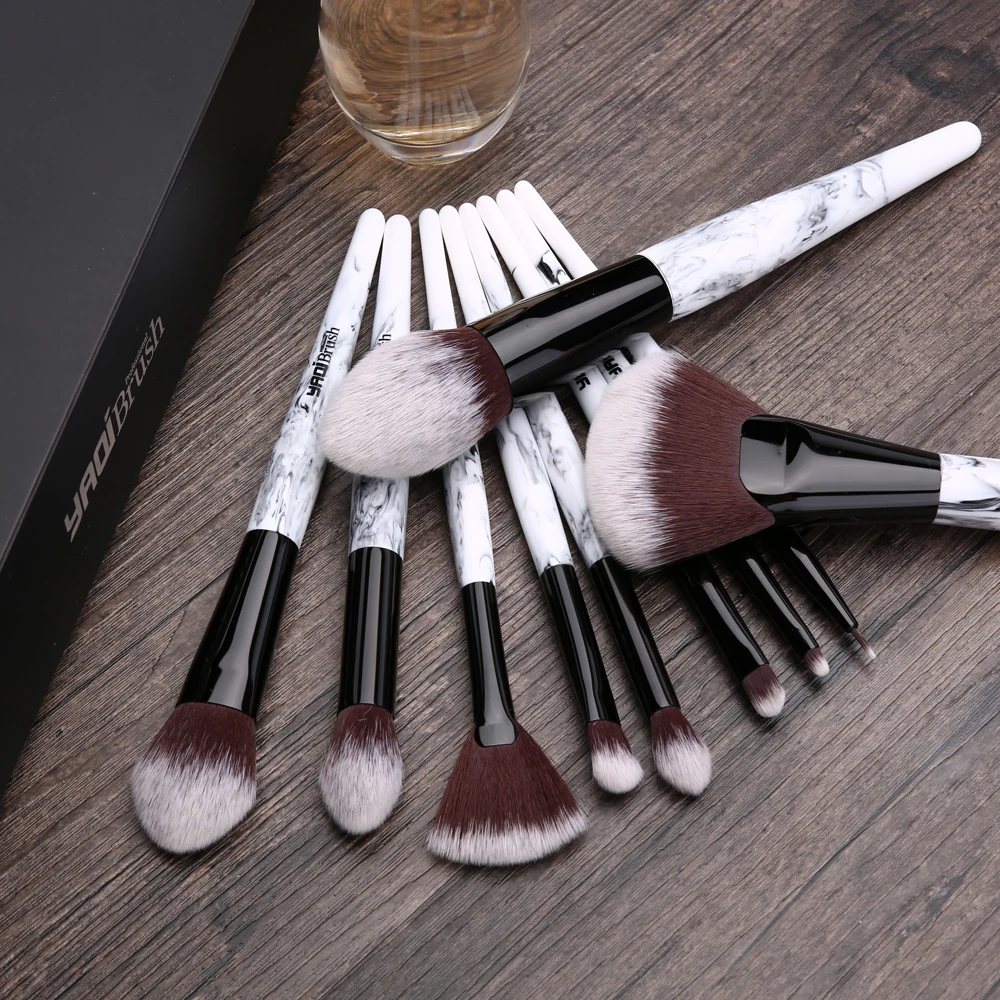 Yaqi 10pcs  Synthetic Hair  Marble Color Resin Handle Pink PU Case Makeup Brush Set