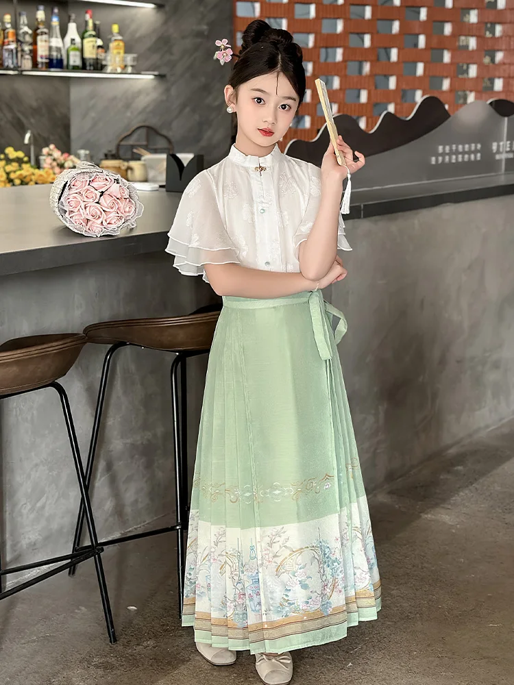 new-chinese-style-girls-summer-shirt-set-thin-half-skirt-traditional-pattern-breathable-fabric-two-piece-outfit-for-kids