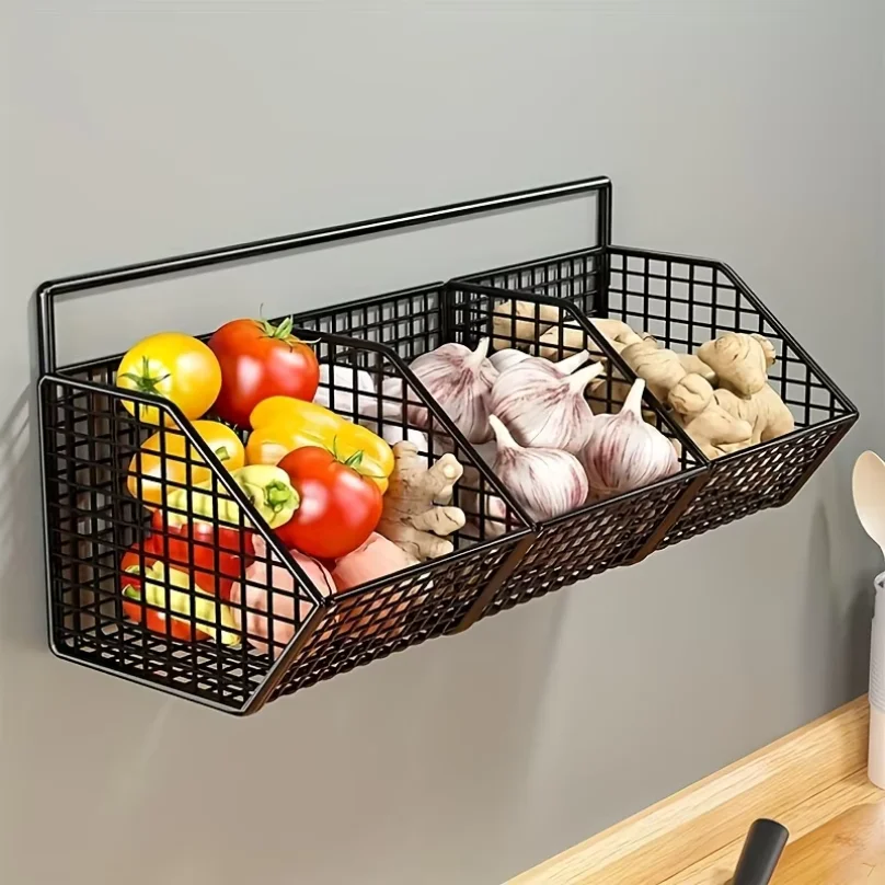 Wall-Mounted Multi-Functional Kitchen Organizer - Durable Metal Vegetable, Garlic, and Onion Storage Basket - Storage Organizer