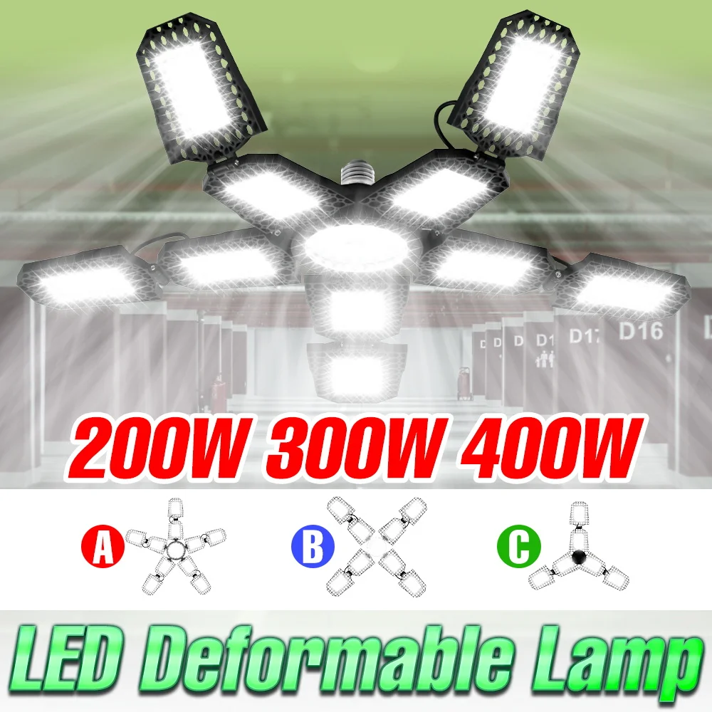 Lampadina da officina a LED da 400 W E27/E26 Lampada da garage a deformazione Faretto pieghevole da 220 V 110 V Seminterrati di magazzino Illuminazione per aree di grandi dimensioni