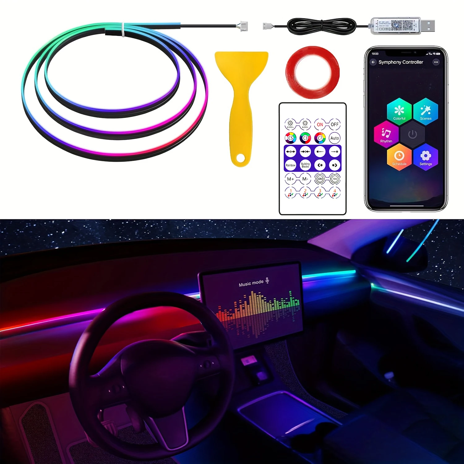 2IN1 Dynamic Neon Car Ambient Light Universal RGB Acrylic LED Strip Light Auto Interior Decoration Light For Tesla Model 3/Y/S/X