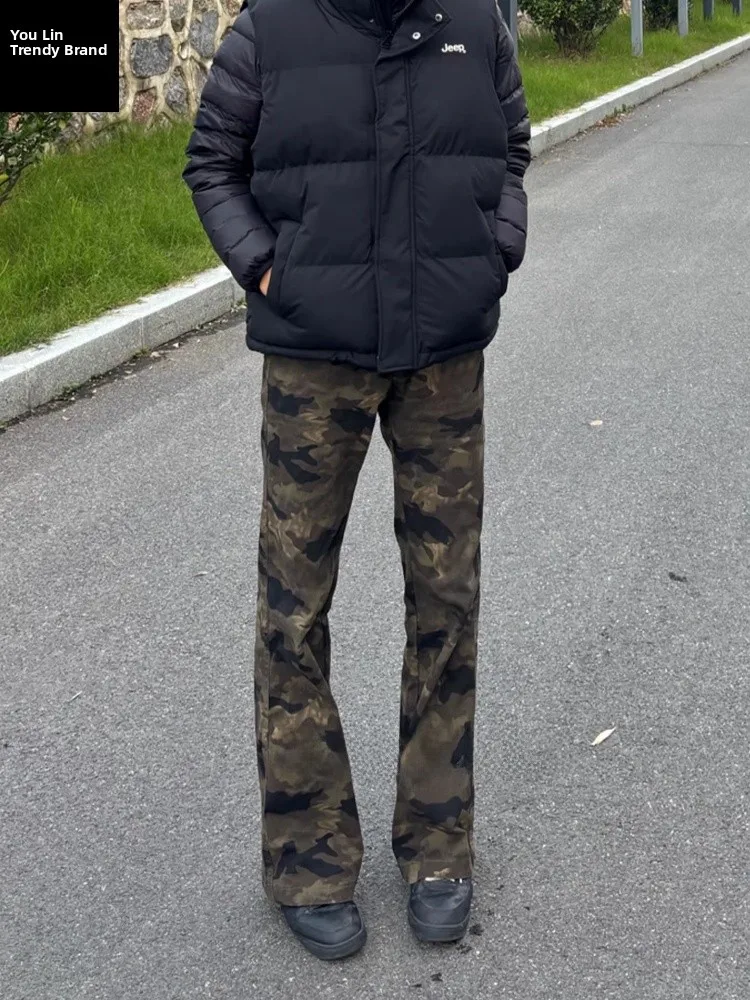 

Мужские джинсы-клеш в американском стиле с камуфляжным принтом, на флисовой подкладке, облегающие, с высокой талией, прямые, для работы, в уличном стиле