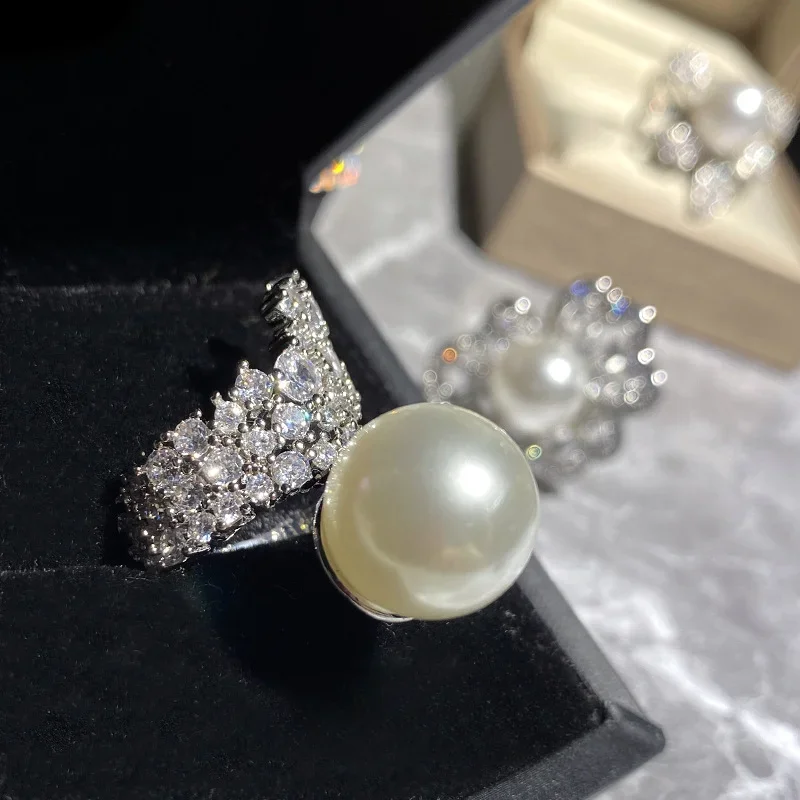 MDLFES الفرنسية الأسترالية اللؤلؤ الأبيض خاتم الماس الكامل فتحات الإناث الدرجة العالية الشعور قذيفة الخرز مؤشر الدائري #2