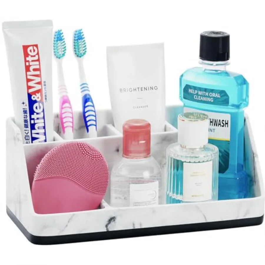 

Toothbrush Holder for Bathroom Resin Bathroom Organizer Countertop Sink Bathroom Counter Organizer Accessories 5 Compartment St
