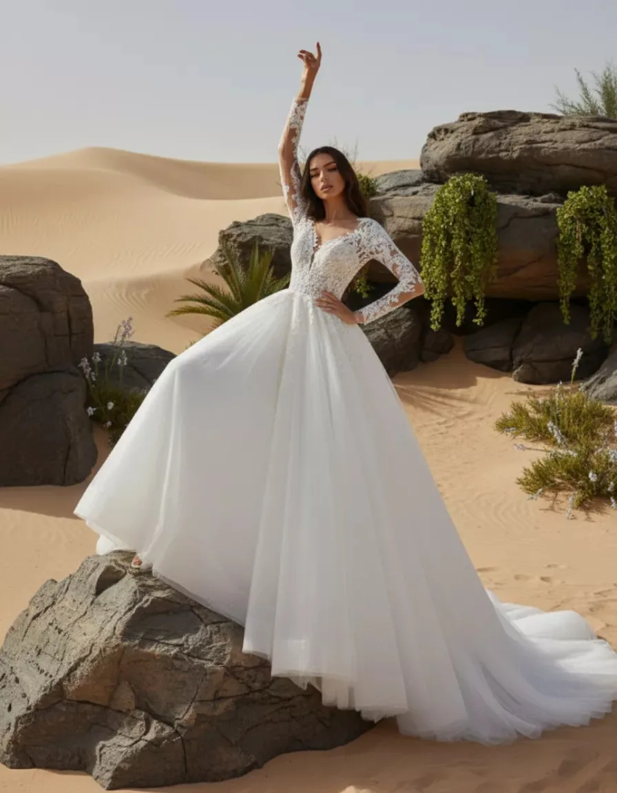 2026 A Line Women's Wedding Dresses Shiny Lace Appliques Vestidos Boda Bride Gowns Customized Long Sleeve Vestidos De Novia