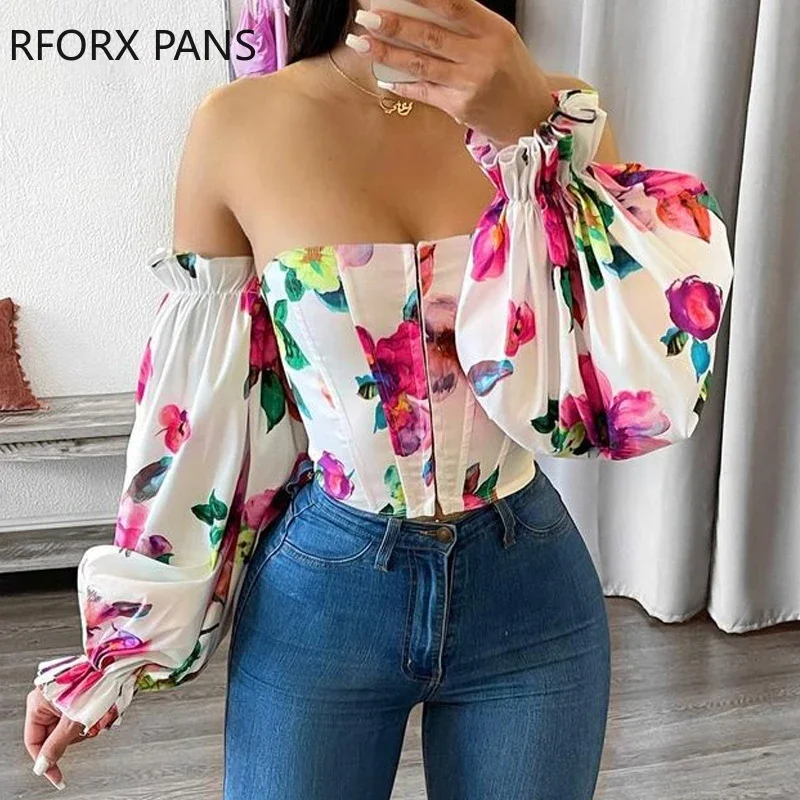 Women Off Shoulder Lantern Sleeve Floral Print Top for Women Top 2021