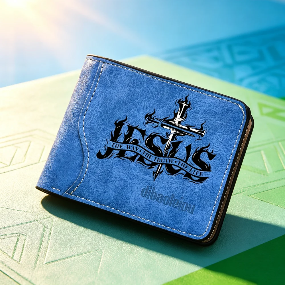 Men's PU Leather Bifold Wallet with Jesus Cross Print Credit Card Holder Fashionable