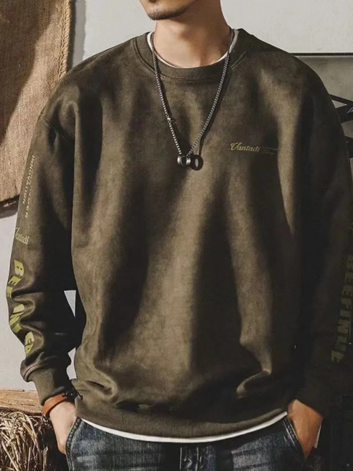 

Мужская толстовка American Sle из замши, утепленная, весенне-осенняя, высококачественная, свободного кроя, больших размеров, в японском стиле, с круглым вырезом, однотонная